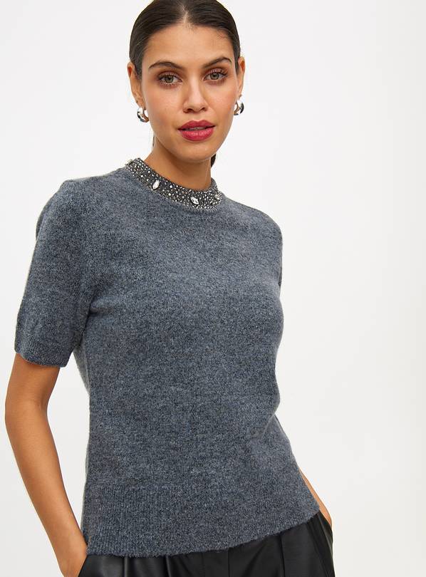 Dark Grey Rhinestone Detail Short Sleeve Knitted Top 10